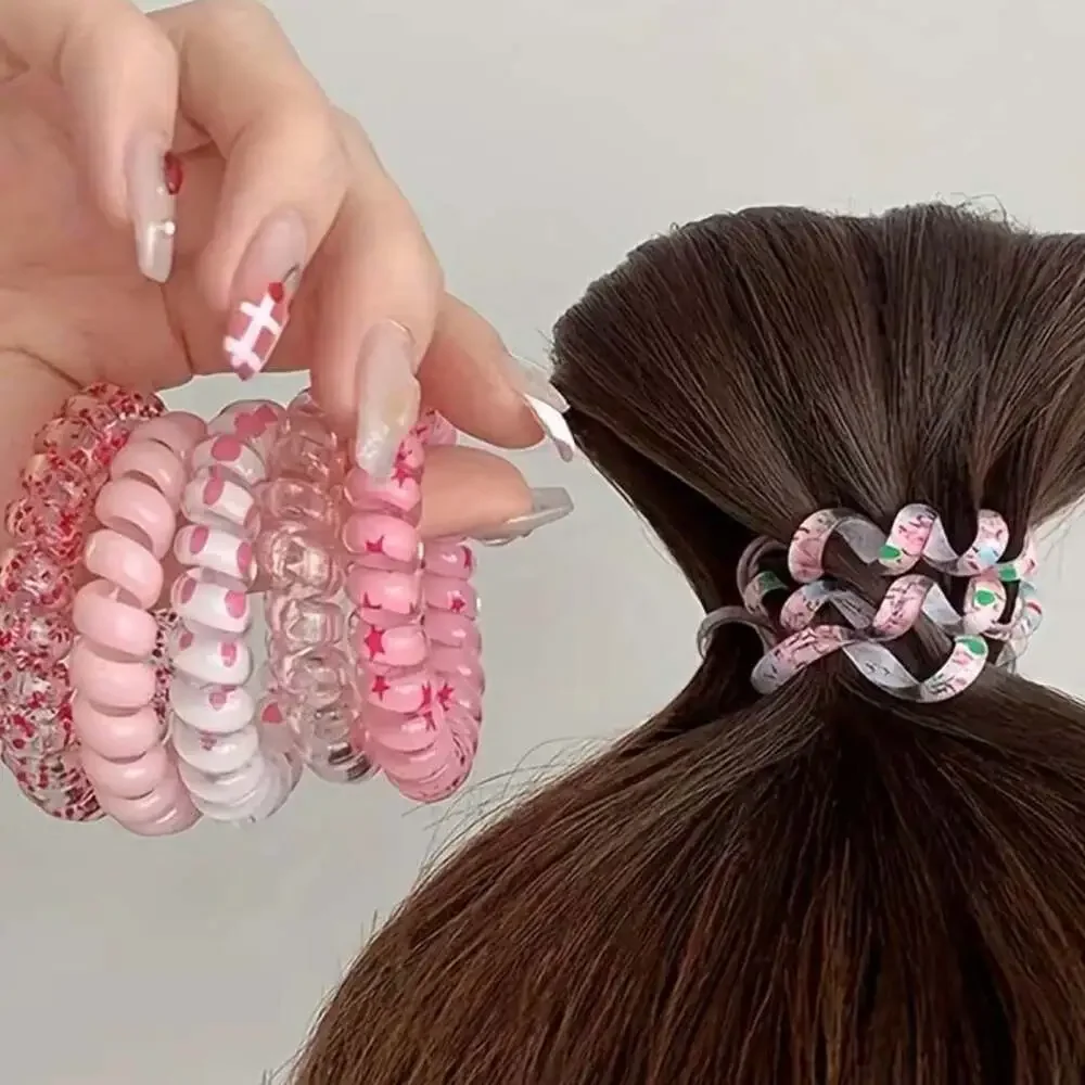 6 Pcs Pink Phone Cord Spiral Hair Ties Set